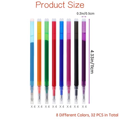 32-Pack 0.7 mm Erasable Gel Ink Pen Refills Compatible with Most Gel Pens, Smooth Writing Retractable Fine Point Pen Refill in 8 Assorted Colors