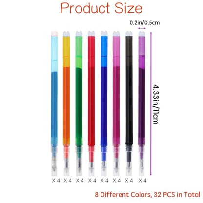 32-Pack 0.7 mm Erasable Gel Ink Pen Refills Compatible with Most Gel Pens, Smooth Writing Retractable Fine Point Pen Refill in 8 Assorted Colors
