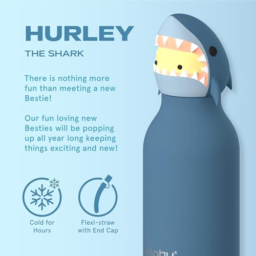 asobu Bestie Bottle Limited Edition Collectible Kids Water Bottle with Animal Character Lid 16oz (460ml) Insulated Stainless Steel, Leakproof, Reusable with Straw Fun Gift for Girls & Boys - color: HURLEY THE SHARK