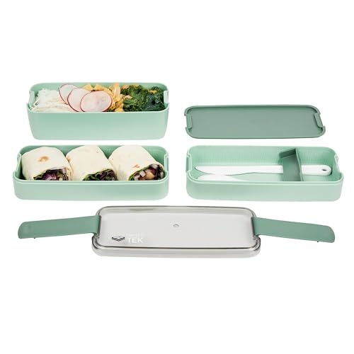 Bento Tek 30 Ounce Bento Box, 1 Stackable 3 Compartment Lunch Container - With Fork And Knife, Does Not Contain BPA, Green Plastic Reusable Lunch Box, Microwavable, Dishwashable - Restaurantware - size: 1 Count, style: 30 oz - Green