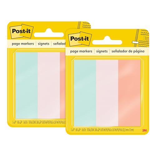 Post-it Page Markers, 1 in x 3 in, Ideal for Temporary Marking and Noting in Books, Assorted Colors, 100 Sheets/Pad, 3 Pads/Pack (5487) (Pack of 2) - size: 7/8 in x 2 7/8 in (Pack of 2)