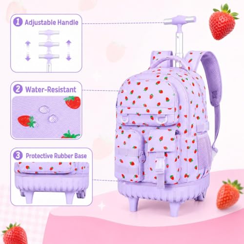 CCJPX 3Pcs Rolling Backpack for Girls, Roller Wheeled School Bookbag, Strawberryra Wheels Backpacks with Lunch Box for Kids (Purple) - color: Strawberry Purple