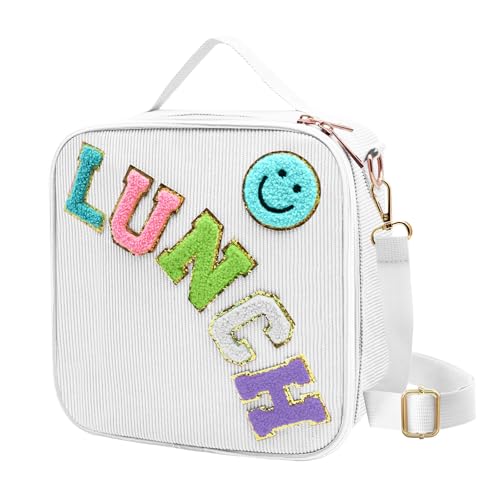 Insulated Lunch Bag With Adjustable Shoulder Strap, Cute Corduroy Preppy Lunch Box Large Insulated Lunch Bag Reusable Lunch Tote Bag (White) - color: White