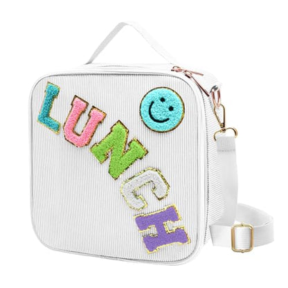 Insulated Lunch Bag With Adjustable Shoulder Strap, Cute Corduroy Preppy Lunch Box Large Insulated Lunch Bag Reusable Lunch Tote Bag (White) - color: White