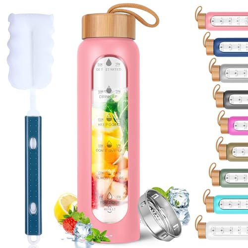 Aqulea Glass Water Bottles 25 Oz with Silicone Sleeve - BPA Free Reusable Wide Mouth Glass Motivational Water Bottles with Fruit Infuser – Leak Proof Borosilicate Water Bottle with Time Marker (Pink) - color: Pink, size: 25 Ounces