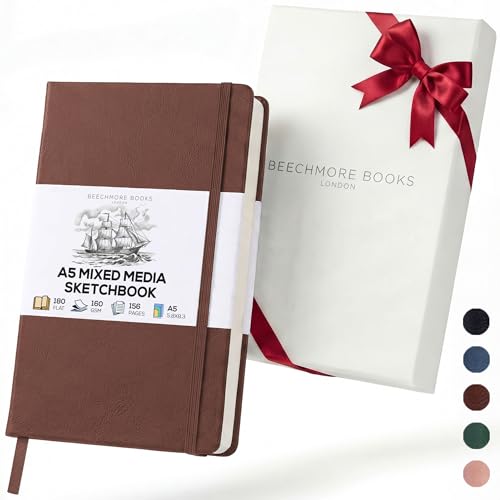 Beechmore Books A5 Mixed Media Sketchbook - 5.8"x8.3" Hardcover Lay-Flat Art Journal, 160 GSM / 98 lb Professional Perforated Paper, Gift Box, for Drawing, Ink and Light Watercolor - color: Chestnut Brown, size: A5 - 5.8" x 8.3" Medium