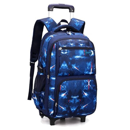 Boys Rolling Backpacks Kids' Luggage Wheeled Bags Kids Trolley School Bags Fashion Space Starry Sky Printed Durable Bookbag - color: Blue-space, style: 2 Wheels+backpack