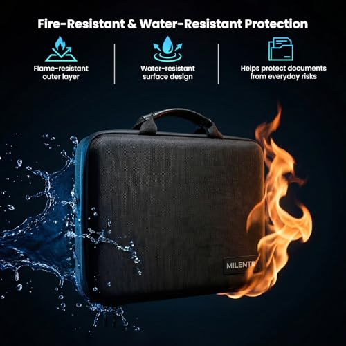 Fireproof Document Box with Lock, Hard Case File Organizer | Portable Document Briefcase with Accordion File Folder for Important Documents Passport Laptop Home Office & Travel Black