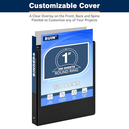 SUIN 1-inch 3 Ring Binder with Durable -Premium 1'' Binders with 3 Roung Ring, Large 200 Sheet Capacity, Fit 8.5" x 11" US Letter Size Paper (1'' -Black 12 Packs) - size: 1'' -Black 12 Packs