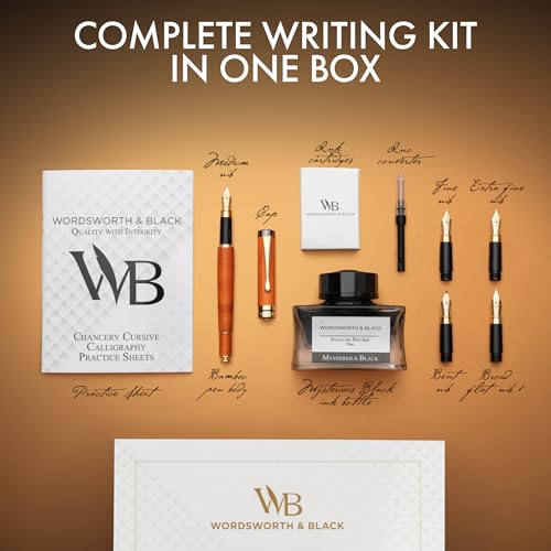 Wordsworth & Black Fountain Pen Gift Set, Includes Ink Bottle, 6 Cartridges, Refill Converter, 4 Replacement Nibs, Luxury Bamboo, Journaling, Calligraphy, Smooth Writing Pens [Cherry Wood] - color: Cherry Wood