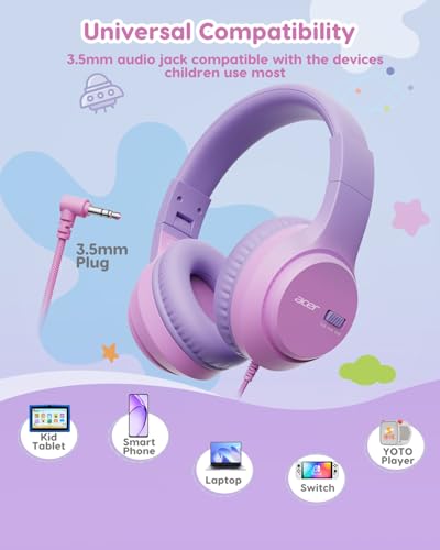 Acer Kids Headphones, 74/85/94dB Volume Limiter, Foldable Wired Over Ear Headphones for Travel, 3.5mm Jack, Toddler Headphones for School, iPad, Chromebook, Tablet, Pink Purple - color: Pink Purple