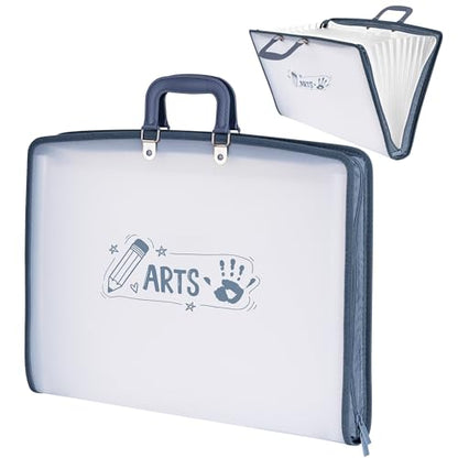 11x17 Accordion File Organizer with 13 Pockets, Art Portfolio with Handle & Zipper Closure, Oxford-Trimmed Frosted Translucent Style (1-Pack)