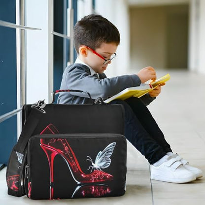 Red High Heel Shoe and White Butterfly Silhouette 3 D-Ring 2 inch Zipper Binder Bag with Shoulder Strap, Multi-Pocket Portfolio Organizer Case for 13 Inch Laptop Middle School - color: Red High Heel Shoe and White Butterfly Silhouette