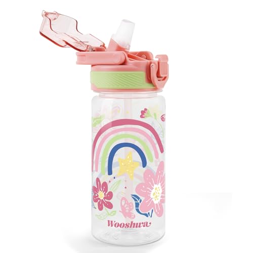 Kids Water Bottle for School, 16 Oz Plastic Straw Water Bottle with Silicone Spout and Leakproof Cover, Dishwasher Safe (Flower) - color: Flower, size: 16 Ounces