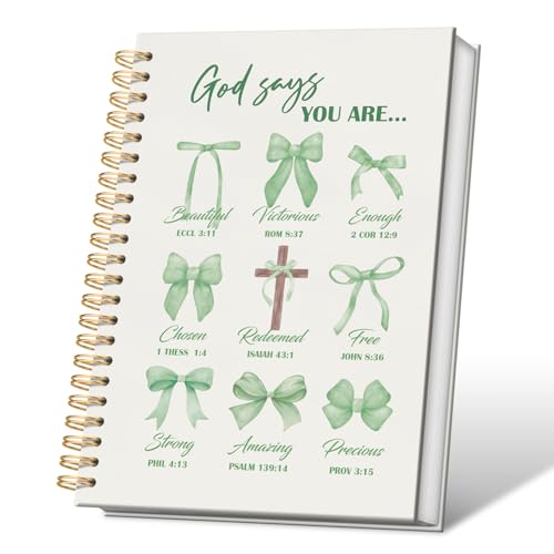 VONTP Bible Green Bow Christian Notebook Journal for Women, 5.5 x 8.3 Inch | Christian Girl Energy Journal, Christian Study Notebook, Cute Preppy Bible Study Spiral Notebook for Bible Notes - color: 001-Green
