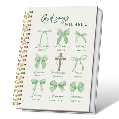 VONTP Bible Green Bow Christian Notebook Journal for Women, 5.5 x 8.3 Inch | Christian Girl Energy Journal, Christian Study Notebook, Cute Preppy Bible Study Spiral Notebook for Bible Notes - color: 001-Green