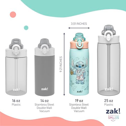 Zak Designs Disney Sage Kids Water Bottle For School or Travel, 19oz Stainless Steel Water Bottle With Straw, Handle, and Leak-Proof, Pop-Up Spout Cover (Stitch) - color: Stitch (Sage)