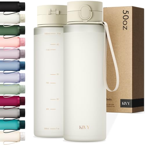 KIVY Slim Water Bottle 50oz with Leakproof Flip Lid [Lightweight & Shatterproof] Fits Backpack & Cupholder for Travel, Sports, School - Extra large water bottle no straw - 1.5 Liter water bottles - color: 09 White Gold