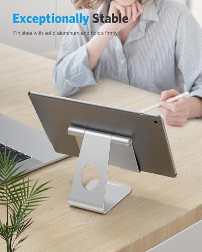 OMOTON T1 Adjustable Tablet Stand for Desk, Aluminum Holder for iPad Silver | Solid Metal Build | Charging Cutout | Anti-Slip Silicone Pads | Multi-Angle Adjustable | Fits 3.5-12.9" | Holds Thick Cases - color: Silver
