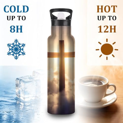 Cross Insulated Water Bottle,Cloud Sunset Stainless Steel Water Bottles 20 oz with Straw Lid,Leak Resistant Double Wall Insulated Flask with Handle for Travel Outdoor Gym - color: Cross,Cloud Sunset
