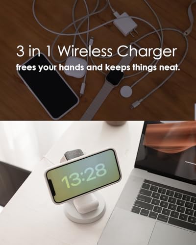 Wireless Charger Compatible with Mag-Safe,3 in 1 Charging Station for iPhone17/16/15/14/13/12 Series, Apple Watch,AirPods,15W Fast Charging (Adapter Included) - color: White