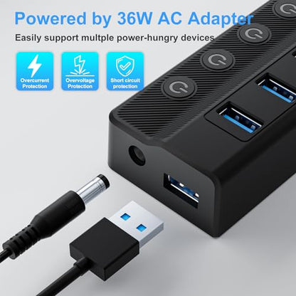 ONFINIO Powered USB Hub, 10-Port USB Splitter Hub | (7 Faster Data Transfer Ports+ 3 Smart Charging Port) with 12V/3A Power Adapter USB Extension for Mac, PC and More - style: 10 PORT QC 3.0