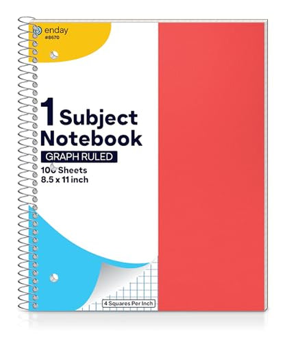 Enday Graph Paper Notebook 8.5 x 11 with Plastic Cover, 1 Red Grid Notebook, Graph paper spiral notebook, Graph notebook, 4 Squares per inch Grid paper notebook, White Paper Quad Ruled Spiral - color: Red