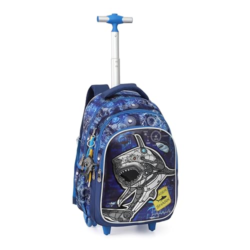 Cartoon Rolling Backpack for Boys Girls, Kids 5 Pcs Wheeled Backpack, Travel Backpack for Elementary Students (Shark Blue) - color: Shark Blue