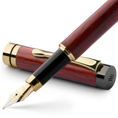 Wordsworth & Black Fountain Pen Set, Luxury Bamboo Wood - Fine Nib, Gift Case; Includes 6 Ink Cartridges, Ink Refill Converter -Journaling, Calligraphy; Drawing, Smooth Writing [Rosewood] | Rosewood, Gift for Men Women, German Iridium 18K Gilded, Calligra