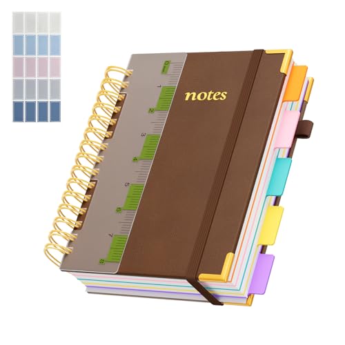 XYark A5 Hardcover Spiral Notebook, 6.3"x8.5" College Ruled Notebooks with Removable Dividers Tabs & Ruler, 5 Subject Notebook 300 Pages, Small Lined Journal for Women Men School Work Office, Brown - color: Brown, size: 6.3"x8.5"(A5)