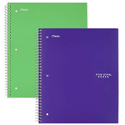 Five Star Spiral Notebooks, 5 Subject, Wide Ruled Paper, 200 Sheets, 10-1/2" x 8", Electric Green, Royal Purple, 2 Pack (38408) - color: Green-Purple