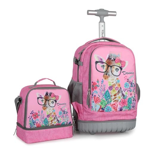 Tilami Rolling Backpack & Lunch bag for Kids 19 Inch Wheeled Bookbag for Boys & Girls for School & Travel,Giraffe pink - color: Giraffe Pink