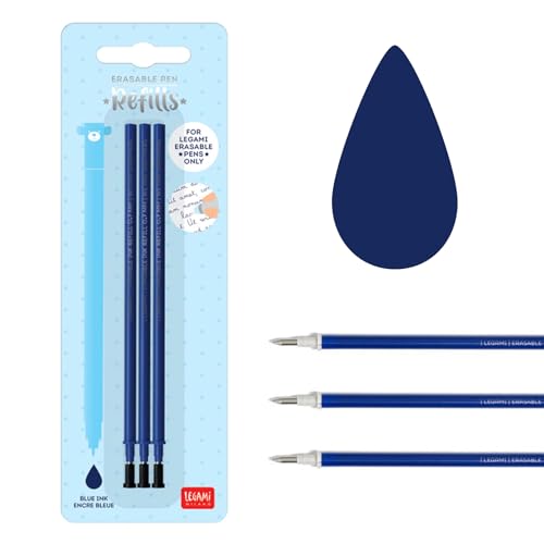 Legami - Refill for Erasable Gel Pen, Set of 3, Height 13 cm, Blue Thermosensitive Ink, 0.7 mm Tip