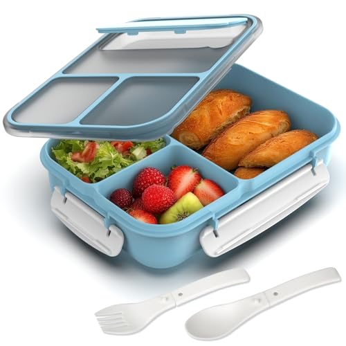 WHALEHOUSE Large Capacity Bento Box for Adult, 1700ML 3 Compartments Lunch Box with Utensil, Airtight Food Container with Lids for Meal Prep, Microwave/Dishwasher/Freezer Safe, On the Go (Blue) - color: 1700mL-Blue