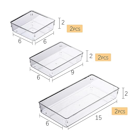 3 Pack Clear Plastic Drawer Organizer Tray Cutlery Utensil Makeups Drawer Silverware Organizers 12" X 6"… (6P(6X6+6X9+6X15)) - size: 6 Pack Mixed Sizes Clear Plastic