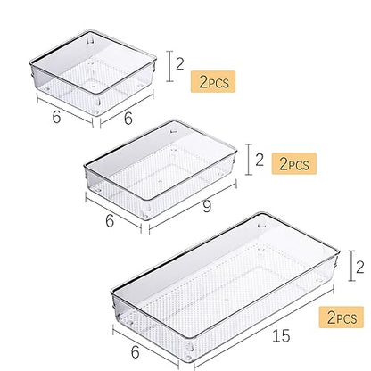 3 Pack Clear Plastic Drawer Organizer Tray Cutlery Utensil Makeups Drawer Silverware Organizers 12" X 6"… (6P(6X6+6X9+6X15)) - size: 6 Pack Mixed Sizes Clear Plastic