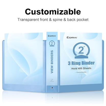 COMIX Standard 3 Ring Binder 2 inch with Clear View Cover, 2" Round Ring View Binder Holds 400 Sheets of US Letter Size Paper, 6 Pack (Pale Blue) - color: Pale Blue, size: 2 inch