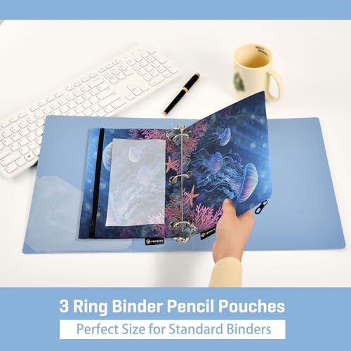 Pencil Pouch for 3 Ring Binder Jellyfish and Starfish Binder Pencil Case with Clear Window Zipper Cosmetic Bags 2 Pack for School Office College Supplies - color: Jellyfish and Starfish