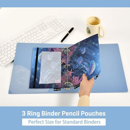 Pencil Pouch for 3 Ring Binder Jellyfish and Starfish Binder Pencil Case with Clear Window Zipper Cosmetic Bags 2 Pack for School Office College Supplies - color: Jellyfish and Starfish