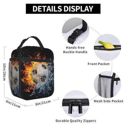 Insulated Durable Football Lunch Box with Shoulder Strap, Kids Adult Fire And Water Soccer School Lunch Bag, Lunch Tote Box Bag for Office School Picnic Beach Travel - color: Football