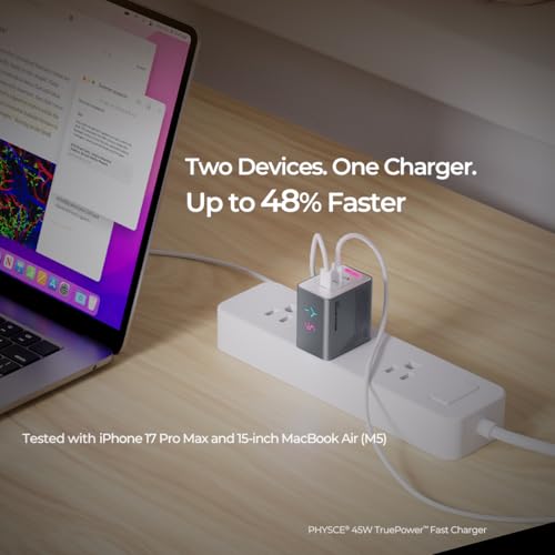 45W GaN Charger, Up to 48% Faster Two-Device Charging, Sustained 45W Dual USB-C Output, Foldable Plug with 360° RGB Status Light & One-Tap Control, for MacBook Air, iPhone 17/16/15, iPad - color: Webb Gray