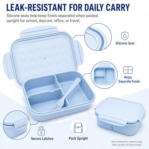 MISS BIG® Kids Bento Lunch Box, 1150ml 3 Compartments, Blue | Blue kids bento lunch box for school, daycare, and snack time - color: Blue, size: 1150ml