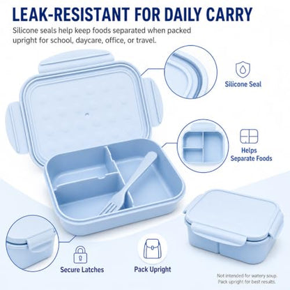 MISS BIG® Kids Bento Lunch Box, 1150ml 3 Compartments, Blue | Blue kids bento lunch box for school, daycare, and snack time - color: Blue, size: 1150ml