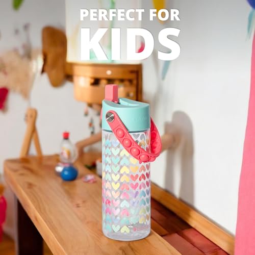 Elemental Leak Proof Water Bottles for Kids - Splash Kids Water Bottle for School with Pop-it Handle - BPA Free Tritan Plastic Reusable Water Bottle with Straw - Rainbow Heart - 18oz - color: Rainbow Heart