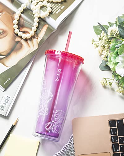 bzyoo 32 OZ 1 Liter Time Marker Water Bottle Frosted Durable Plastic With Strap&24oz (710ml) Double Wall Plastic Tumbler with Lid and Straw