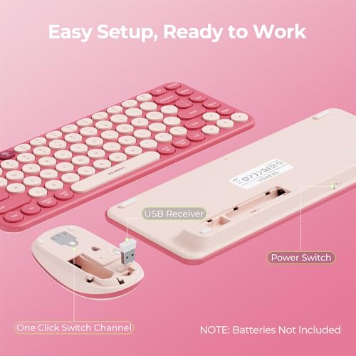 seenda Bluetooth Wireless Keyboard and Mouse Combo, COE203 Quiet Round Keycaps, 3-Device Multi-Connection, Bluetooth & 2.4G USB Receiver, Wide Compatibility with iPad/Tablet/Laptop/Mac/Windows, Pink - color: Pink