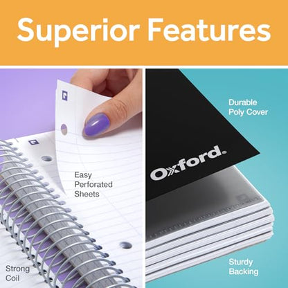 Oxford Spiral Notebook with Free Study App, 5 Subject, College Ruled, Ultra Smooth Paper, No Ink Bleed-Through, Strong Poly Black Cover, 5 Durable 2 Sided Pockets, 200 Easy Perforated 8.5"x11" Sheets - color: Black