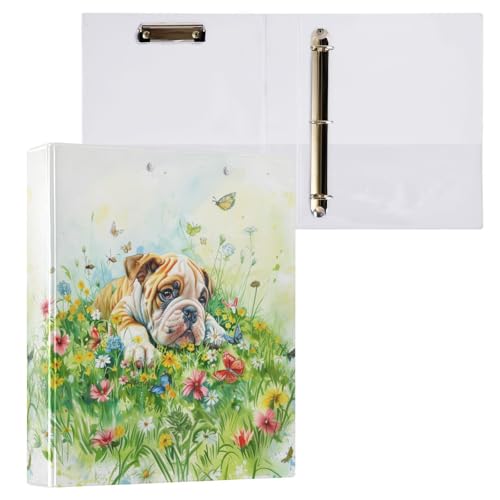 Bulldog Puppy Dogs Flowers 3 Ring Binder 1.5" Decorative D-Ring Binder with Clipboard&3 Clear Pockets, Holds 200 Sheets A4 Size Paper Waterproof Binders for School Home Office - color: Bulldog Puppy Dogs, size: ‎12.4x10.63x2.36 Inch-1 Pack
