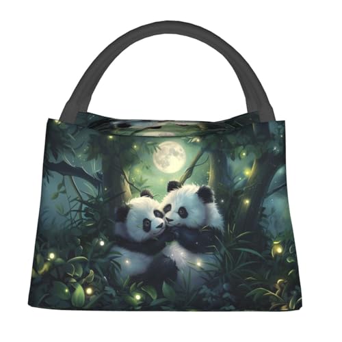 Cute Panda Moonlit Forest Lunch Box for Women Girls Insulated Glowing Fireflies, Lush Green Leaves Lunch Bag for Work Picnic Travel Gifts Large Capacity Cooler Thermal Reusable Tote Makeup Bags - color: Panda20
