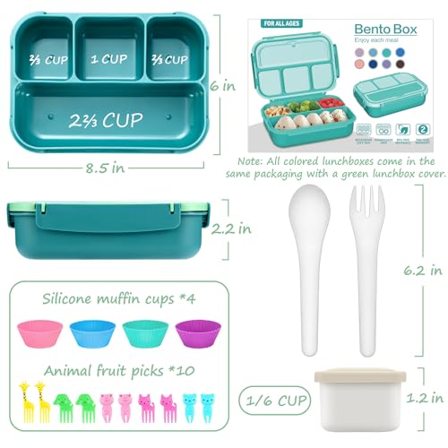 QQKO Bento Box for Kids Adults, School Toddler Lunch Box for Boys Girls, Lunch Box Containers with 4 Compartments, Sauce Container, Utensils, Food Picks and Muffin Cups for School, Green - color: Green